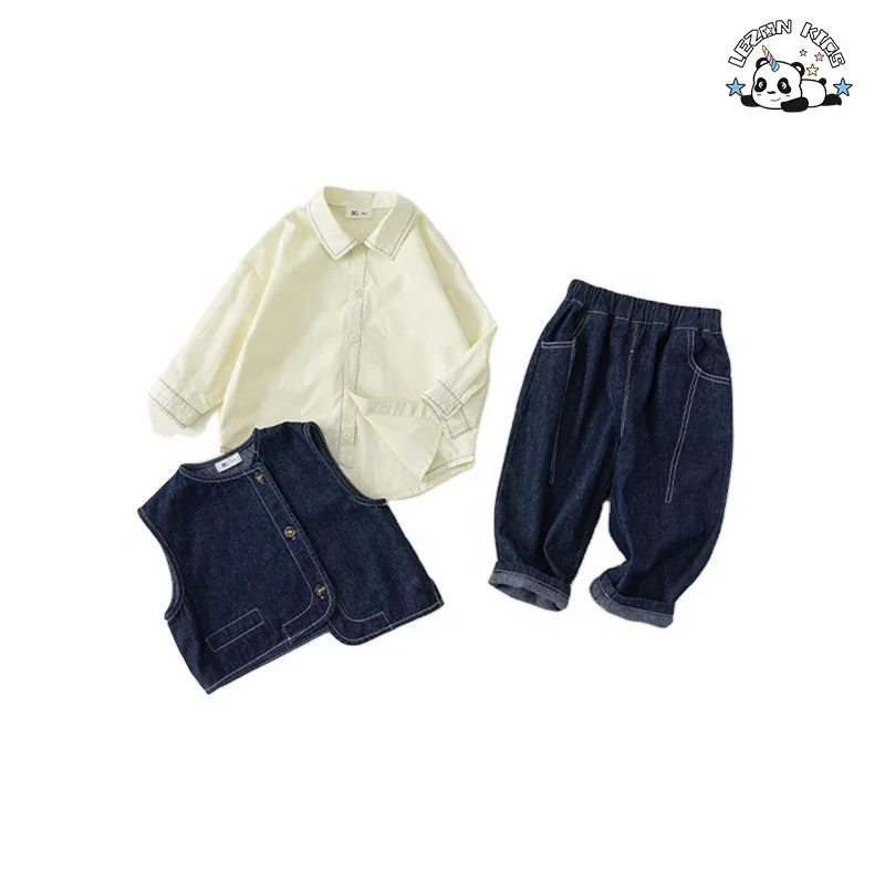 LEZONKIDS - Custom Wholesale  Kids Clothing Boys' Denim Vest Three Piece Set Autumn Wear Jean Pants Set for Baby Boy